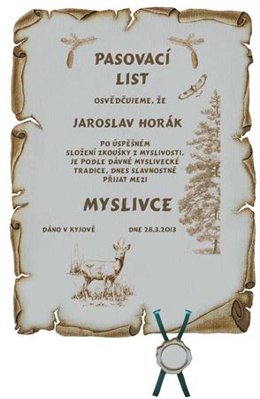 Pasovací list myslivec č.735 pergamen z překližky