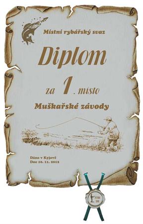 Diplom rybářské závody v muškaření č. 755 pergamen z překližky